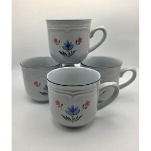International China Hertage Stoneware Mugs Set of 4 Floral Blue Pink Japan